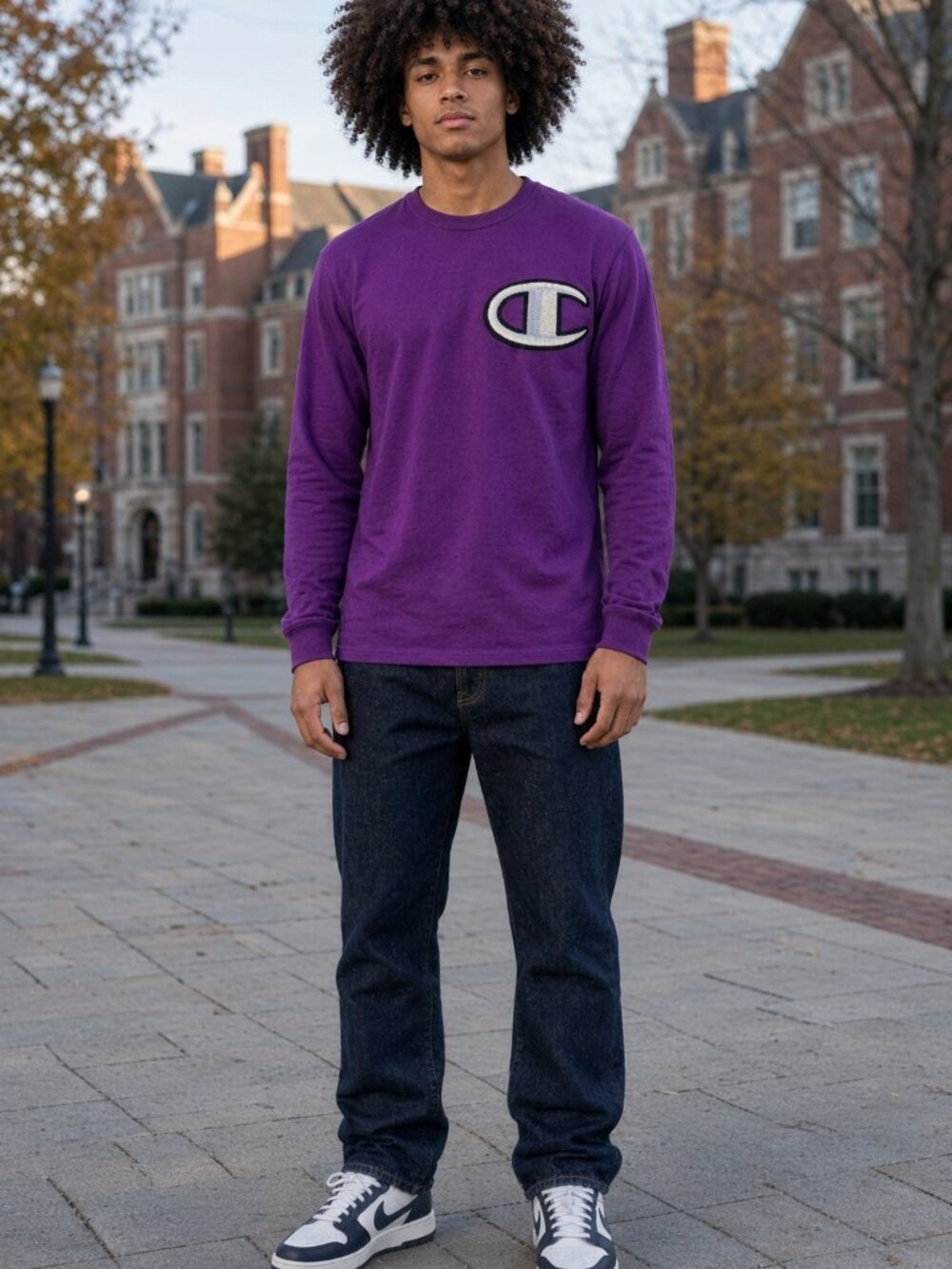 Champion Men Purple Long Sleeve Cotton Tee Left Chest C Logo Crew US XS